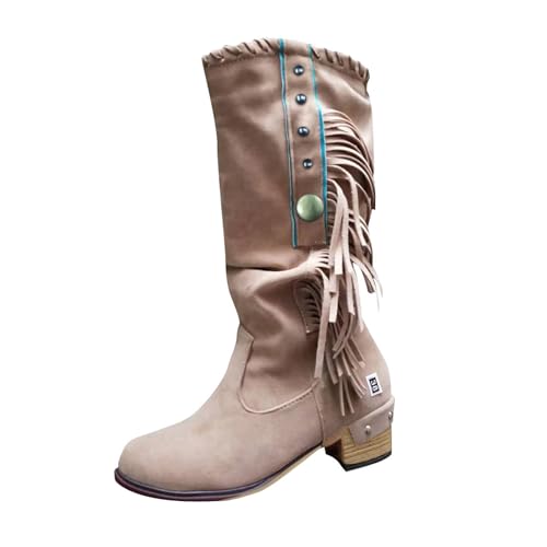VBEDKDEB Boots Damen Mid Calf Stiefel Damenmode Retro Quaste Überstiefel Dicker Absatz Lässige Stiefel mit mittlerer Wade Gummi Boot (Khaki, 42) von VBEDKDEB
