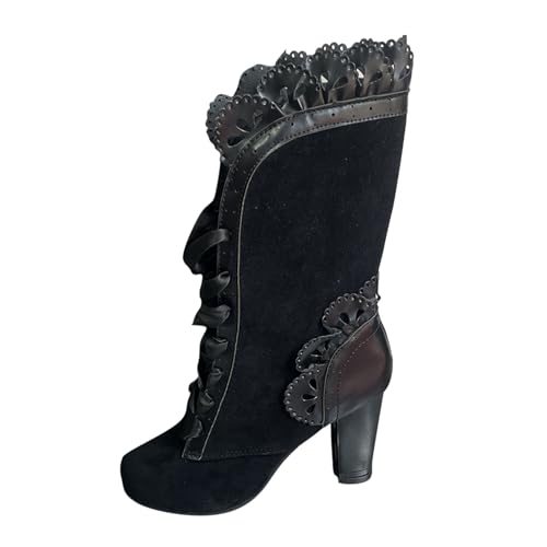 VBEDKDEB Boots Damen Mid Calf Stiefel Damenstiefel mit Dicker Ferse und spitzer Zehenpartie, modische, lässige Wildlederstiefel mit Schnürung und mittlerer Wadenhöhe Herbstschuhe Damen (43) von VBEDKDEB