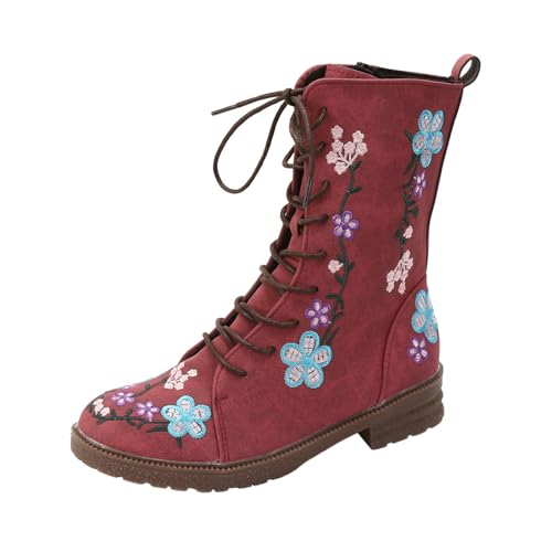 VBEDKDEB Boots Damen Mid Calf Stiefel Damenstiefel mit einfarbigem Absatz und Stickerei im Retro Stil Gummistiefel Damen (40) von VBEDKDEB