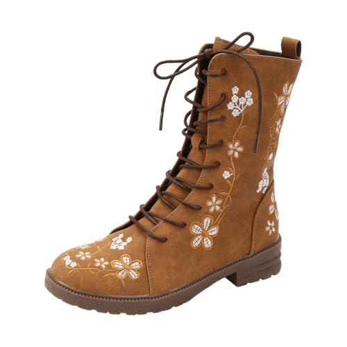 VBEDKDEB Boots Damen Mid Calf Stiefel Damenstiefel mit einfarbigem Absatz und Stickerei im Retro Stil Gummistiefel Damen (Khaki, 37) von VBEDKDEB