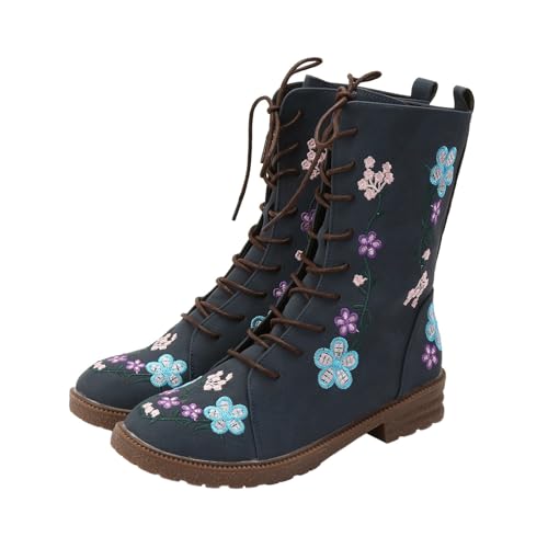 VBEDKDEB Boots Damen Mid Calf Stiefel Damenstiefel mit einfarbigem Absatz und Stickerei im Retro Stil Gummistiefel Damen (Navy, 42) von VBEDKDEB