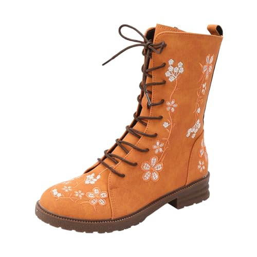 VBEDKDEB Boots Damen Mid Calf Stiefel Damenstiefel mit einfarbigem Absatz und Stickerei im Retro Stil Gummistiefel Damen (Orange, 40) von VBEDKDEB