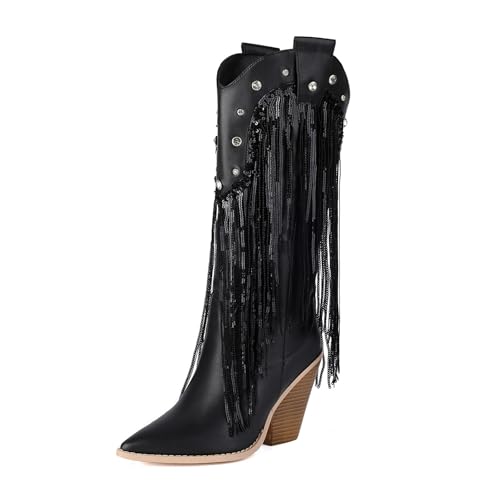 VBEDKDEB Boots Damen Mid Calf Stiefel Damenstiefel mit hohem Blockabsatz, modische Stiefel, geeignet für Mädchen zum Tragen im Herbst und Winter Lackstiefel (42) von VBEDKDEB