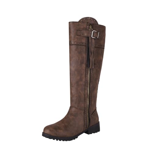 VBEDKDEB Boots Damen Mid Calf Stiefel Damenstiefel mit hohem Blockabsatz, modische Stiefel, geeignet für Mädchen zum Tragen im Herbst und Winter Langschaft Gummistiefel (Brown, 38) von VBEDKDEB