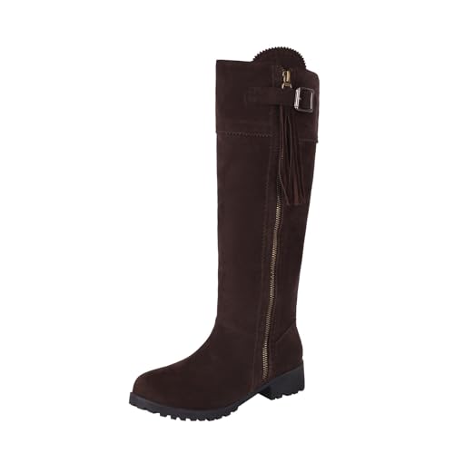 VBEDKDEB Boots Damen Mid Calf Stiefel Damenstiefel mit hohem Blockabsatz, modische Stiefel, geeignet für Mädchen zum Tragen im Herbst und Winter Langschaft Gummistiefel (Coffee, 38) von VBEDKDEB