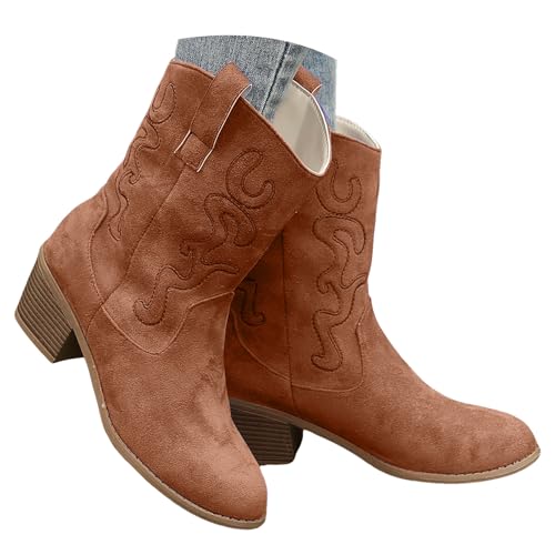VBEDKDEB Boots Damen Mid Calf Stiefel Damenstiefel mit hoher Spitze, modisch, lässig, Wildleder, Oberbekleidung, mittelhohe Stiefel Gummistiefel Damen (Brown, 38) von VBEDKDEB