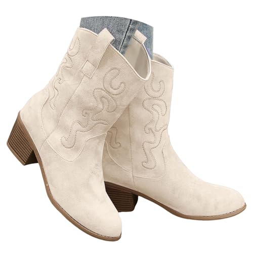 VBEDKDEB Boots Damen Mid Calf Stiefel Damenstiefel mit hoher Spitze, modisch, lässig, Wildleder, Oberbekleidung, mittelhohe Stiefel Gummistiefel Damen (White, 39) von VBEDKDEB