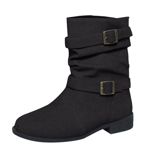 VBEDKDEB Boots Damen Mid Calf Stiefel Damenstiefel mit modischem Gürtel und runder Spitze, lässig, Dicke Sohle, modische Stiefel mit mittlerer Wade Gummistiefel Damen Schwarz (39) von VBEDKDEB