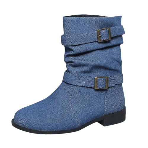 VBEDKDEB Boots Damen Mid Calf Stiefel Damenstiefel mit modischem Gürtel und runder Spitze, lässig, Dicke Sohle, modische Stiefel mit mittlerer Wade Gummistiefel Damen Schwarz (Blue, 38) von VBEDKDEB