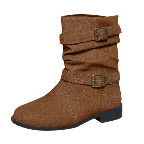 VBEDKDEB Boots Damen Mid Calf Stiefel Damenstiefel mit modischem Gürtel und runder Spitze, lässig, Dicke Sohle, modische Stiefel mit mittlerer Wade Gummistiefel Damen Schwarz (Brown, 38) von VBEDKDEB