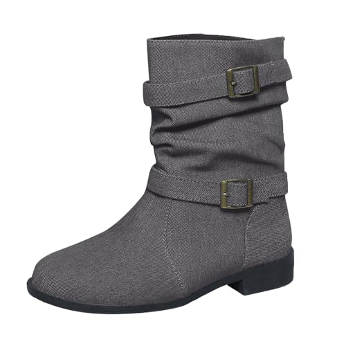 VBEDKDEB Boots Damen Mid Calf Stiefel Damenstiefel mit modischem Gürtel und runder Spitze, lässig, Dicke Sohle, modische Stiefel mit mittlerer Wade Gummistiefel Damen Schwarz (Grey, 38) von VBEDKDEB