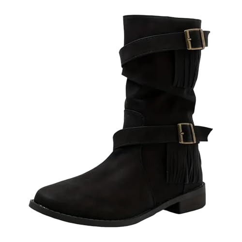 VBEDKDEB Boots Damen Mid Calf Stiefel Damenstiefel mit runder Zehenpartie und Quaste, modisch, lässig, Dicker Absatz, Oberbekleidung aus Leder, mittelhohe Stiefel Gummistiefel Hoch (41) von VBEDKDEB