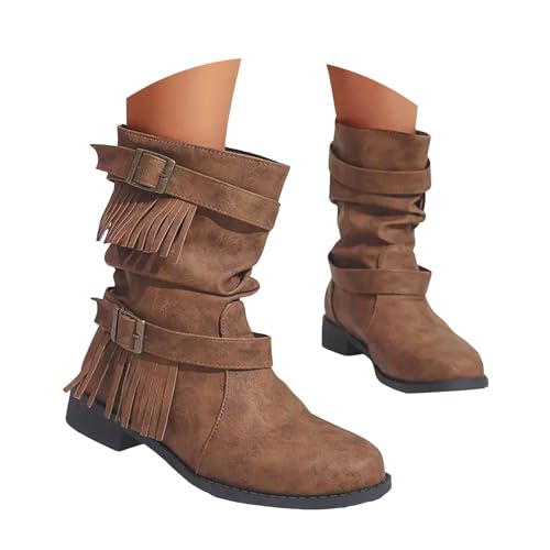 VBEDKDEB Boots Damen Mid Calf Stiefel Damenstiefel mit runder Zehenpartie und Quaste, modisch, lässig, Dicker Absatz, Oberbekleidung aus Leder, mittelhohe Stiefel Gummistiefel Hoch (Brown, 43) von VBEDKDEB