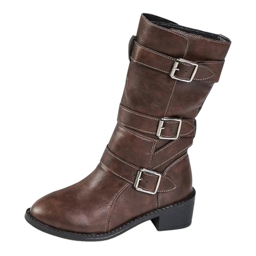 VBEDKDEB Boots Damen Mid Calf Stiefel Damenstiefel mit runder Zehenpartie und mittlerer Wadenhöhe, breite Reitstiefel, modische Retro Reitstiefel mit dickem Absatz und mittlerer Wadenhöhe (Brown, 37) von VBEDKDEB