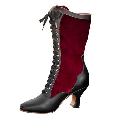 VBEDKDEB Boots Damen Mid Calf Stiefel Grüne Schnürstiefeletten mit Vintage Blockabsatz und süßem Katzenmotiv für und Winter Damen Halbschuhe (Red, 42) von VBEDKDEB