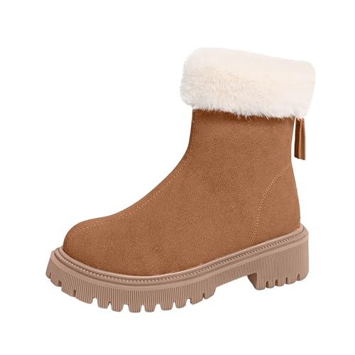VBEDKDEB Boots Damen Mid Calf Stiefel Herbst und Winter Damen Modische Dicke Sohle Reißverschluss Zehe Runde Zehe Plüsch Oberbekleidung Mid Calf Stiefel Gummistiefel Gefüttert (Khaki, 35) von VBEDKDEB