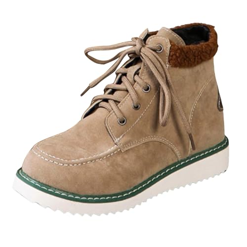 VBEDKDEB Boots Damen Mid Calf Stiefel Herbst und Winter Damen Modische High Top Plus Samt Schnürstiefel mit Dicker Sohle Casual Mid Calf Stiefel Gummistiefel Halbhoch (Khaki, 42) von VBEDKDEB