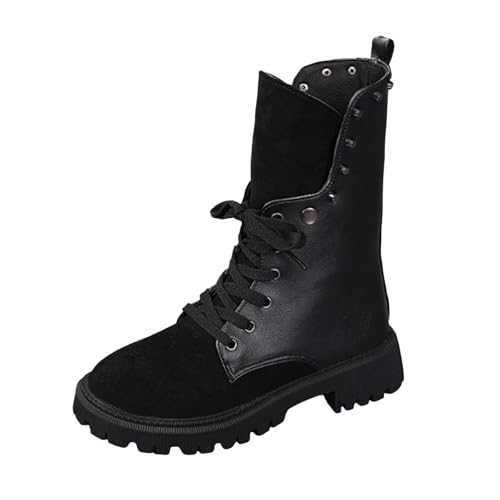 VBEDKDEB Boots Damen Mid Calf Stiefel Herbst und Winter Damen modische und lässige runde Zehen Mitte der Wade Schnürung quadratischen Absatz Goth Schuhe (39) von VBEDKDEB