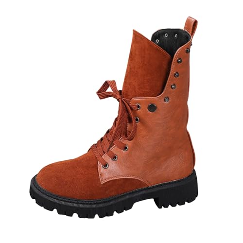 VBEDKDEB Boots Damen Mid Calf Stiefel Herbst und Winter Damen modische und lässige runde Zehen Mitte der Wade Schnürung quadratischen Absatz Goth Schuhe (Brown, 38) von VBEDKDEB