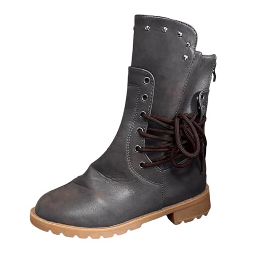 VBEDKDEB Boots Damen Mid Calf Stiefel Herbst und Winter Damenmode Retro Niedrige Absätze Schnürstiefel mit mittlerer Wade und Reißverschluss auf der Rückseite Gothic Stiefel Damen (Grey, 41) von VBEDKDEB