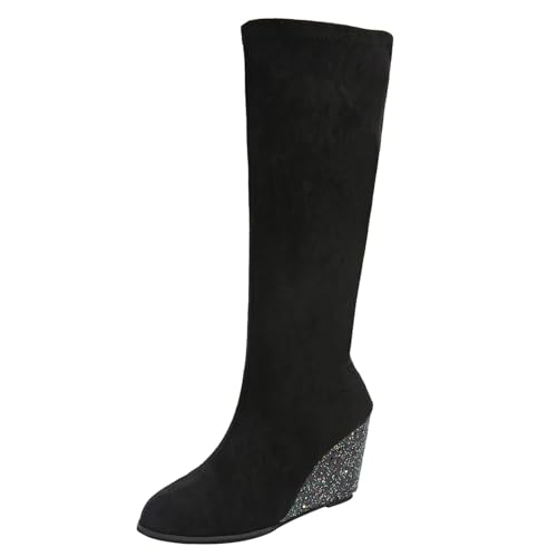 VBEDKDEB Boots Damen Mid Calf Stiefel Herbst und Winter Damenmode Runde Zehen Reißverschluss Wildleder Lange einfarbige modische Keilschuhe Gummistiefel Festival Damen (35) von VBEDKDEB