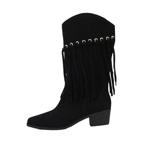 VBEDKDEB Boots Damen Mid Calf Stiefel Herbst und Winter Europäische und Mode Alle Freizeitstiefel Bequeme warme Damenstiefel Quastenstiefel Trachtenschuhe Damen Schwarz (42) von VBEDKDEB