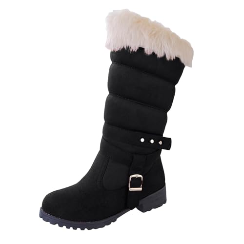 VBEDKDEB Boots Damen Mid Calf Stiefel Herbst und Winter Neue Dicke Baumwollstiefel Damen Gürtel Mid Calf Stiefel Low Heel Runde Trachten Sneaker (41) von VBEDKDEB