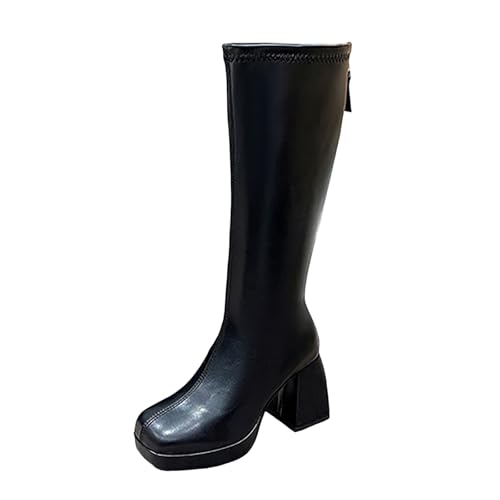 VBEDKDEB Boots Damen Mid Calf Stiefel Kniehohe Stiefel für Damen, modisch, mit klobigem Absatz und quadratischer Zehenpartie, hohe seitlicher Reißverschluss, Lange Kurze Gummistiefel (37) von VBEDKDEB