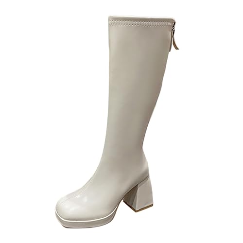 VBEDKDEB Boots Damen Mid Calf Stiefel Kniehohe Stiefel für Damen, modisch, mit klobigem Absatz und quadratischer Zehenpartie, hohe seitlicher Reißverschluss, Lange Kurze Gummistiefel (White, 39) von VBEDKDEB