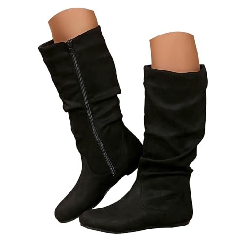 VBEDKDEB Boots Damen Mid Calf Stiefel Kniehohe Stiefel für Damen, niedriger Absatz, quadratische Zehenpartie, seitlicher Reißverschluss, Lange hohe elastische aus Gefütterte Gummistiefel (36) von VBEDKDEB