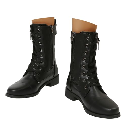 VBEDKDEB Boots Damen Mid Calf Stiefel Mittelhohe Stiefel für Damen mit seitlichen Reißverschlüssen, modisch und lässig, runde Spitze, Schnürung Gummistiefel Schwarz (38) von VBEDKDEB