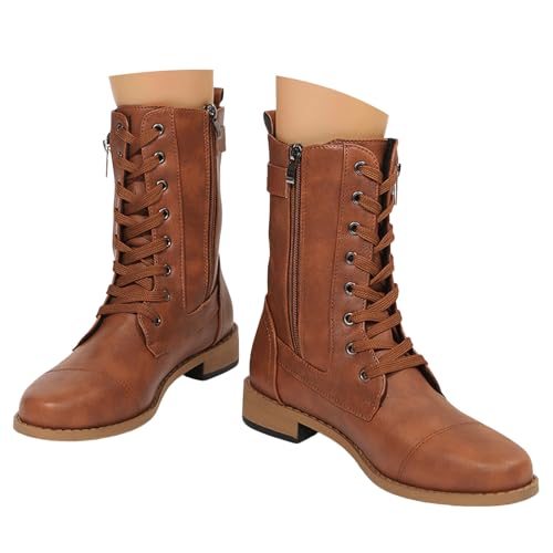VBEDKDEB Boots Damen Mid Calf Stiefel Mittelhohe Stiefel für Damen mit seitlichen Reißverschlüssen, modisch und lässig, runde Spitze, Schnürung Gummistiefel Schwarz (Brown, 41) von VBEDKDEB