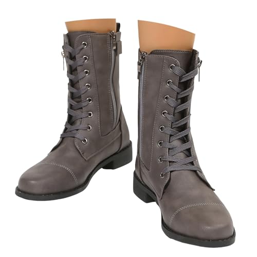 VBEDKDEB Boots Damen Mid Calf Stiefel Mittelhohe Stiefel für Damen mit seitlichen Reißverschlüssen, modisch und lässig, runde Spitze, Schnürung Gummistiefel Schwarz (Grey, 36) von VBEDKDEB