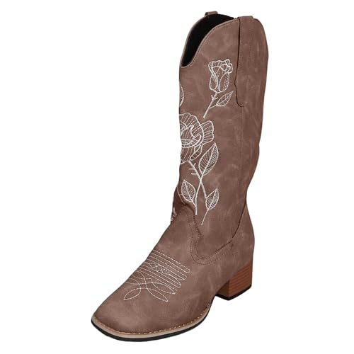 VBEDKDEB Boots Damen Mid Calf Stiefel Mode Damen Leder Stickerei Blumen Dicke Sohle Square Heels Slip On Mid Booties Square Toe Schuhe Motorradschuhe (Coffee, 38) von VBEDKDEB