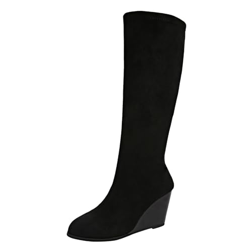 VBEDKDEB Boots Damen Mid Calf Stiefel Modische, lässige, Lange, einfarbige Wildlederstiefel für Damen mit spitzer Spitze und Keilabsatz Gummistiefel Gefüttert (37) von VBEDKDEB