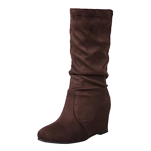VBEDKDEB Boots Damen Mid Calf Stiefel Modische, mittellange Retro Stiefel einfarbigem mit Innenfutter 11111502 Gummistiefel Damen (Brown, 41) von VBEDKDEB