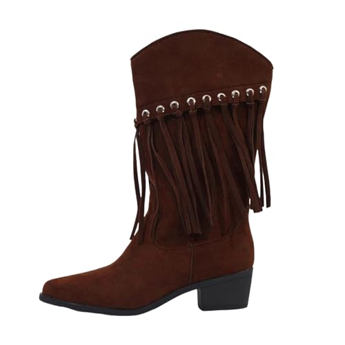 VBEDKDEB Boots Damen Mid Calf Stiefel Modische, vielseitige Retro Stiefel aus Wildleder für Damen mit spitzer Spitze und dickem Absatz Gothic Schuhe (Brown, 41) von VBEDKDEB