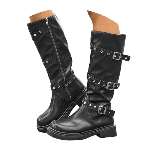 VBEDKDEB Boots Damen Mid Calf Stiefel Modische Damen Strumpfhosenstiefel mit Dicker Sohle, Punk Stil, mittlere Wadenhöhe, seitlicher Reißverschluss Stallschuhe (41) von VBEDKDEB