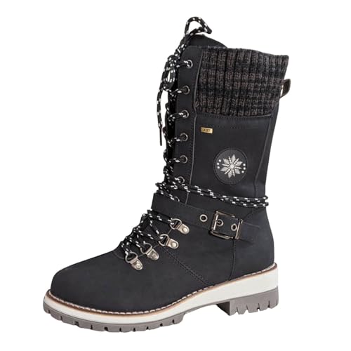 VBEDKDEB Boots Damen Mid Calf Stiefel Modische Damenstiefel mit Gürtel aus Wolle und quadratischem Absatz zum Schnüren in mittlerer Rohrhöhe 22222 Stiefeletten Damen (43) von VBEDKDEB