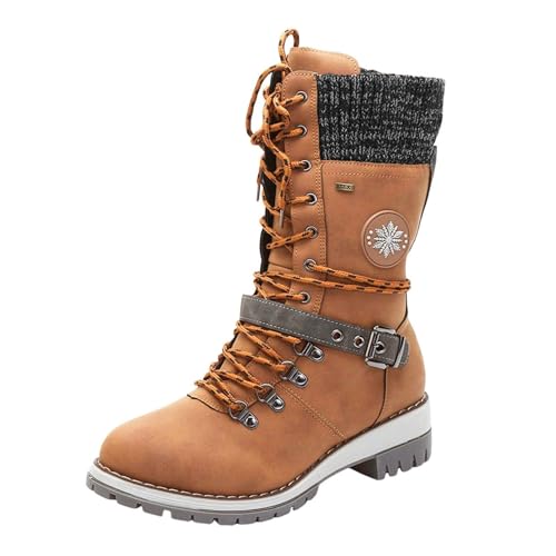 VBEDKDEB Boots Damen Mid Calf Stiefel Modische Damenstiefel mit Gürtel aus Wolle und quadratischem Absatz zum Schnüren in mittlerer Rohrhöhe 22222 Stiefeletten Damen (Brown, 43) von VBEDKDEB
