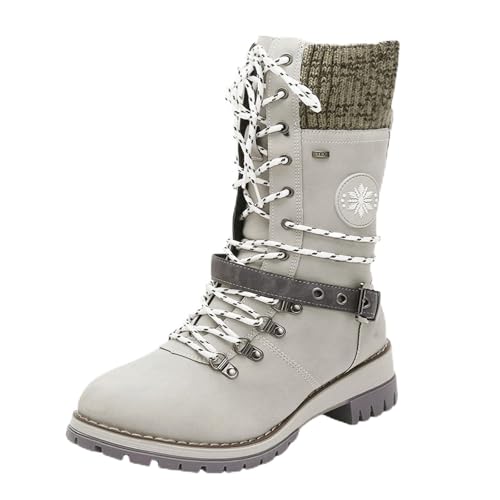 VBEDKDEB Boots Damen Mid Calf Stiefel Modische Damenstiefel mit Gürtel aus Wolle und quadratischem Absatz zum Schnüren in mittlerer Rohrhöhe 22222 Stiefeletten Damen (Grey, 36) von VBEDKDEB