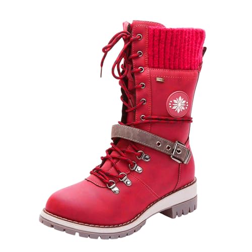 VBEDKDEB Boots Damen Mid Calf Stiefel Modische Damenstiefel mit Gürtel aus Wolle und quadratischem Absatz zum Schnüren in mittlerer Rohrhöhe 22222 Stiefeletten Damen (Red, 42) von VBEDKDEB