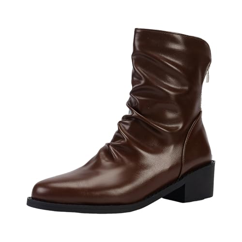 VBEDKDEB Boots Damen Mid Calf Stiefel Modische Retro Stiefel für Damen mit niedrigem Absatz und spitzer Zehenpartie, zum Reinschlüpfen, Retro Mode, mittelhohe Wadenstiefel Gumischtifel (Brown, 43) von VBEDKDEB