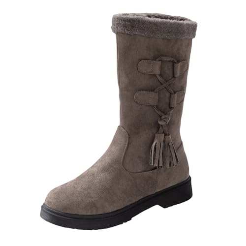 VBEDKDEB Boots Damen Mid Calf Stiefel Modische Samtstiefel mit runder Spitze und Dicker Sohle, lässiger Reißverschluss, lässige Stiefel mit mittlerer Wade für Damen Gummistiefel Pink (Grey, 37) von VBEDKDEB