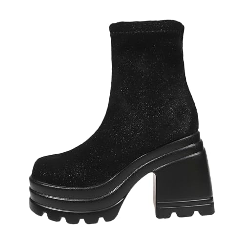 VBEDKDEB Boots Damen Mid Calf Stiefel Modische Socken für Damen, Dicke Sohle, hoher Absatz, runde Zehenpartie, Bequeme, lässige Stiefel bis zur Mitte der Wade Gummistiefel Leicht (39) von VBEDKDEB