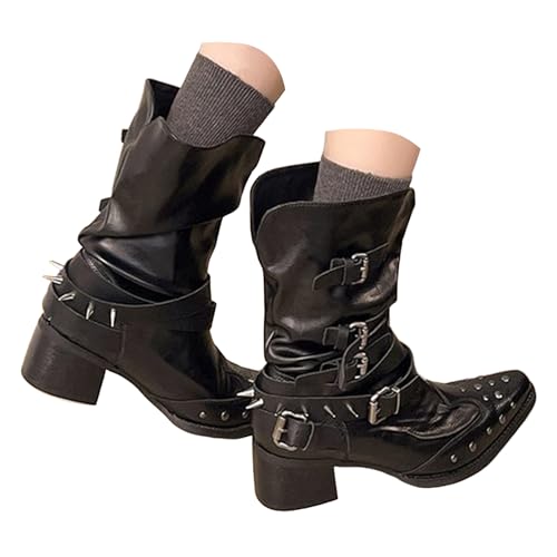 VBEDKDEB Boots Damen Mid Calf Stiefel Modische Westernstiefel mit spitzer Zehenpartie und großem dicken Absatz und gestapeltem Gürtel Motorradstiefel Damen (38) von VBEDKDEB