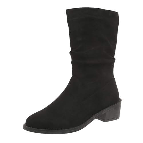 VBEDKDEB Boots Damen Mid Calf Stiefel Modische Winterstiefel für Damen mit niedrigem Absatz, Dicker, runder Zehenpartie, einfarbiger Überzug, bequemer Wildleder Slipper Plateau Schuhe (40) von VBEDKDEB