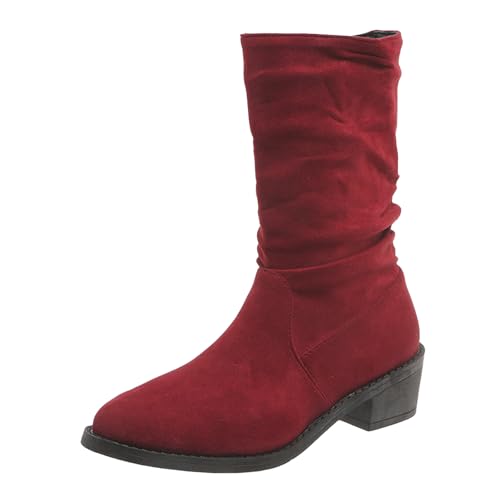 VBEDKDEB Boots Damen Mid Calf Stiefel Modische Winterstiefel für Damen mit niedrigem Absatz, Dicker, runder Zehenpartie, einfarbiger Überzug, bequemer Wildleder Slipper Plateau Schuhe (43) von VBEDKDEB
