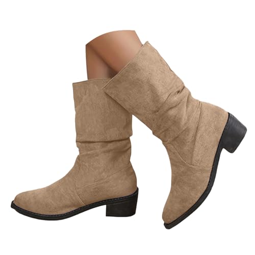 VBEDKDEB Boots Damen Mid Calf Stiefel Modische Winterstiefel für Damen mit niedrigem Absatz, Dicker, runder Zehenpartie, einfarbiger Überzug, bequemer Wildleder Slipper Plateau Schuhe (Beige, 41) von VBEDKDEB