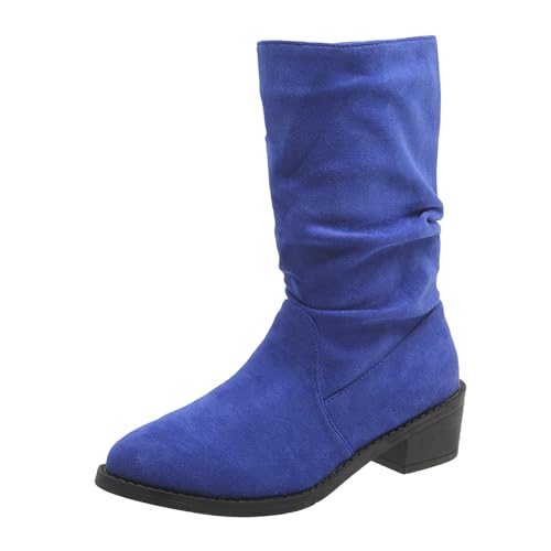 VBEDKDEB Boots Damen Mid Calf Stiefel Modische Winterstiefel für Damen mit niedrigem Absatz, Dicker, runder Zehenpartie, einfarbiger Überzug, bequemer Wildleder Slipper Plateau Schuhe (Blue, 37) von VBEDKDEB